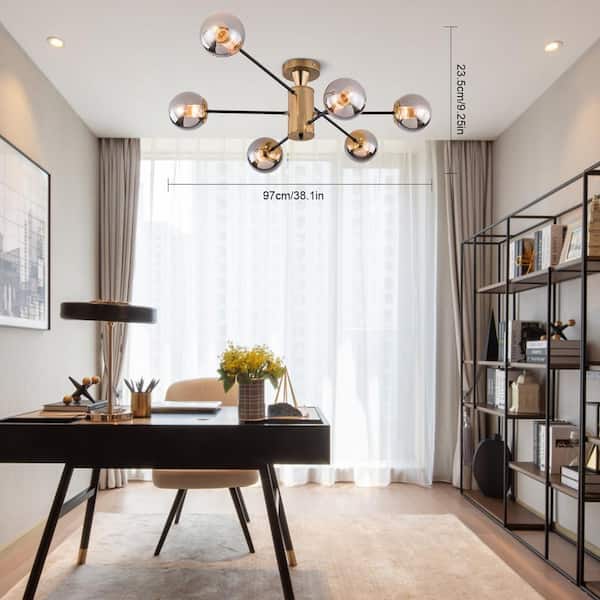 OUKANING 38.1 in. 6-Light Gold Modern Sputnik Semi-Flush Mount