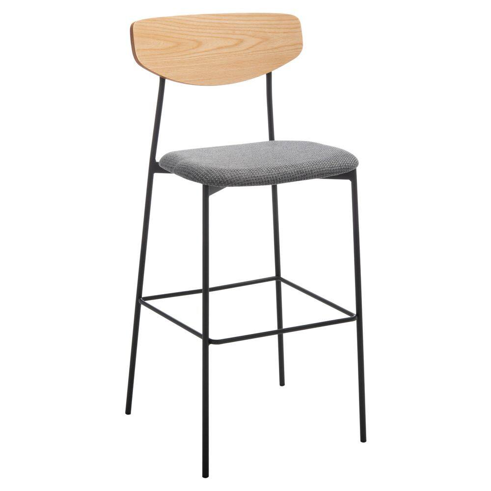 Mid-Century Saddle Style Oak and Grey Leather Barstool
