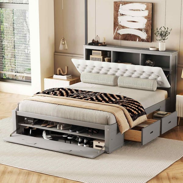 Gray Wood Frame Queen Size Platform Bed with Storage Headboard,Shoe Rack and 4 Drawers