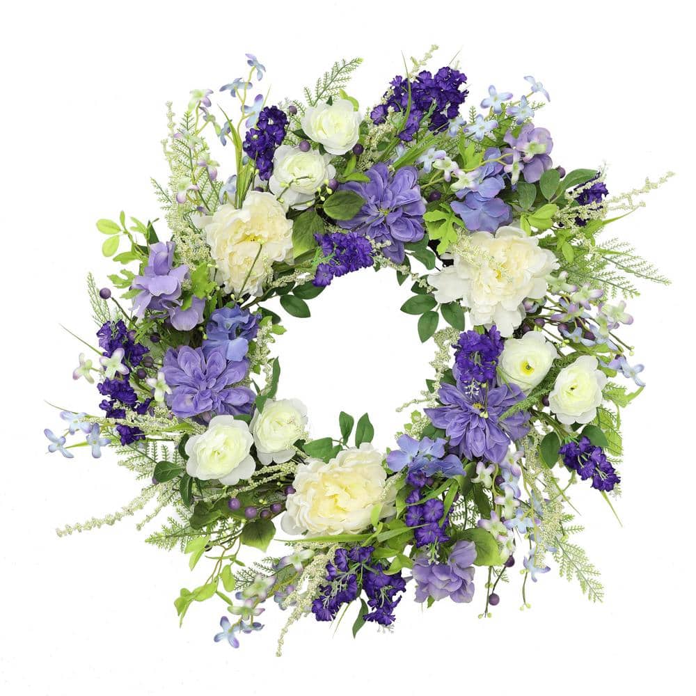 Puleo International 24 in. Artificial White Rose and Lavender Floral Spring