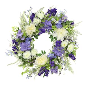 Puleo International 24 in. Artificial White Rose and Lavender Floral Spring Wreath