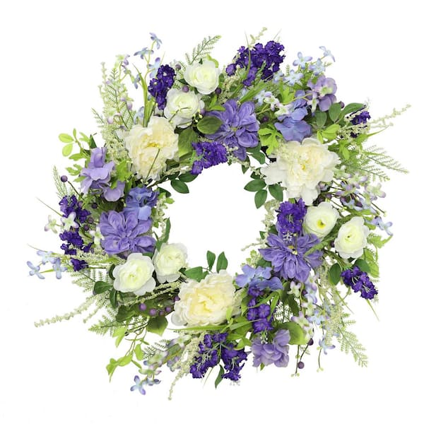 Unbranded Puleo International 24 in. Artificial White Rose and Lavender Floral Spring Wreath