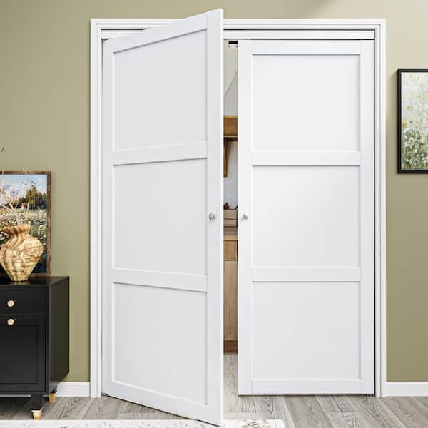 60 in. x 80 in. Solid Core Composite MDF Bi-Fold Door French Style Pivot Hardware (3-Lite White Finish)