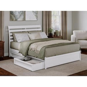 Emelie White Solid Wood Frame Queen Platform Bed with Panel Footboard and Storage Drawers