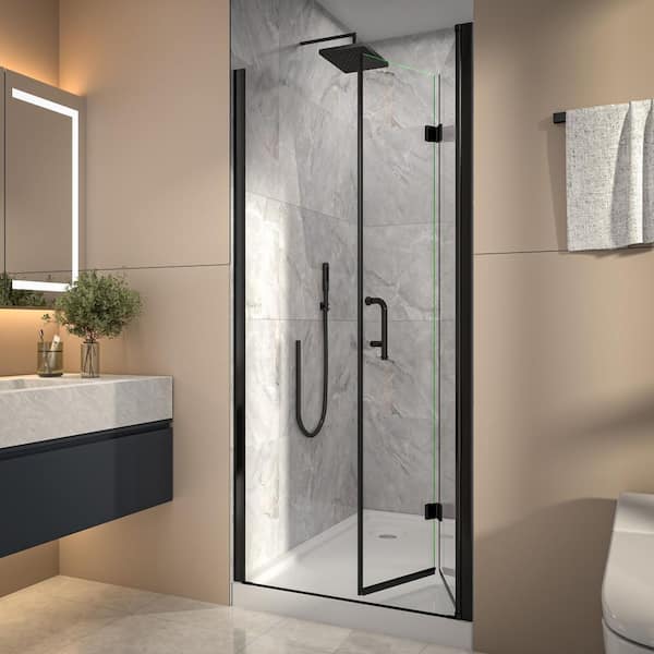 34-36 in. W x 72 in. H Bi-Fold Frameless Shower Door in Black with Clear Glass