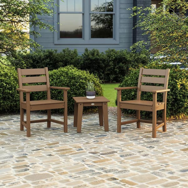 POLYWOOD Grant Park 3-Piece Farmhouse Plastic Outdoor Patio Conversation Set in Teak