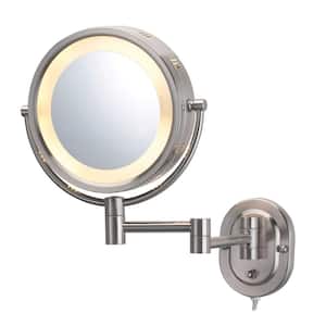 8 in. x 8 in. Round Lighted Wall Mounted 5X Magnification Makeup Mirror in Nickel