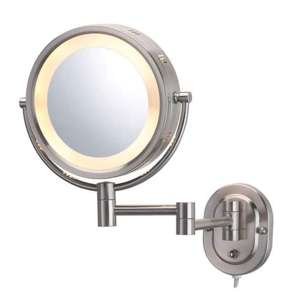 SEE ALL 8 in. x 8 in. Round Lighted Wall Mounted 5X Magnification Makeup Mirror in Nickel