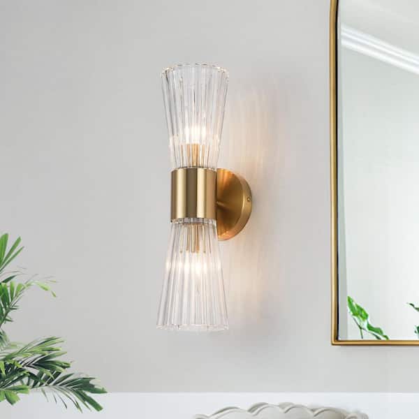 Nimbus 2-Light 16.5 in.W Brass Wall Sconce Up and Down Lighting Bathroom Vanity Light with Clear Rib Glass