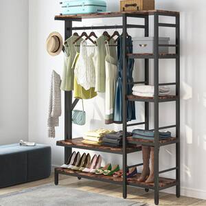 Billie Brown Closet System Starter Kit Garment Rack with Shelves Hang Rod,4-Hooks (70.9 in. x 47.2 in. x 15.8 in.)