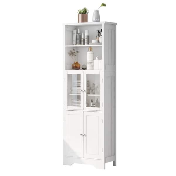 22.6 in. W x 11.2 in. D x 64 in. H White Freestanding Bathroom Linen Cabinet with Adjustable Shelves and Glass Doors