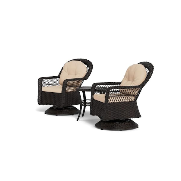 Biloxi 3-Piece Espresso Wicker Outdoor Glider with Tan Cushions Bistro Set (2 Swivel Chairs and Bistro Table)