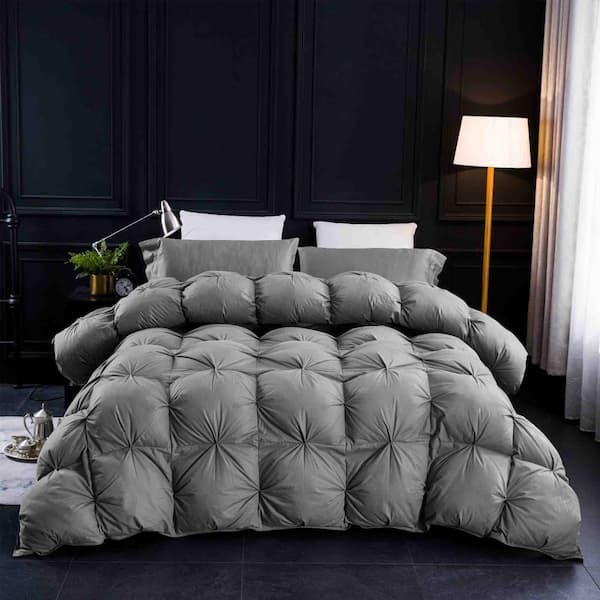 100% Cotton All Seasons Queen Size Pinch Pleat Feathers Goose Down Comforter, Gray