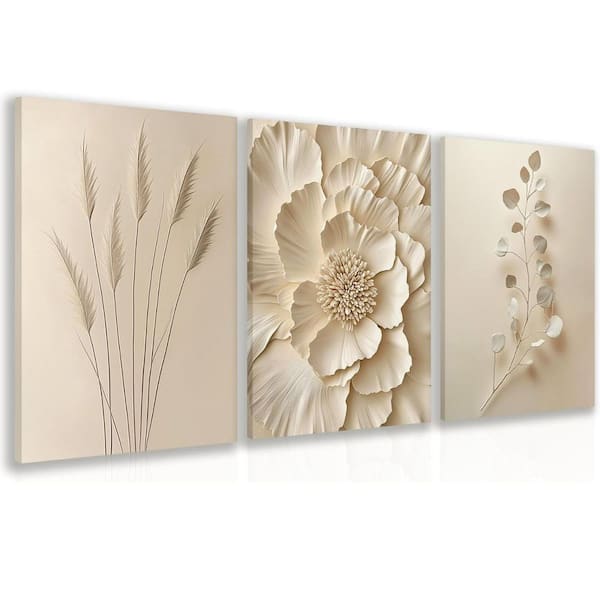 Unbranded 16 in.x24 in.x3 Framed Neutral Beige Floral Canvas Wall Art - Modern Minimalist Botanical Decor