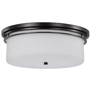 Warren 15 in. 2-Light Gun Metal Flush Mount with Satin White Glass Shade