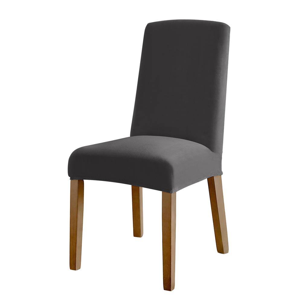 Charcoal Stretch Velvet Short Dining Chair Cover Set