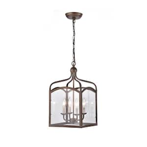 Tille 60-Watt 4-Light Golden Bronze Lantern Geometric Pendant Light, No Bulbs Included