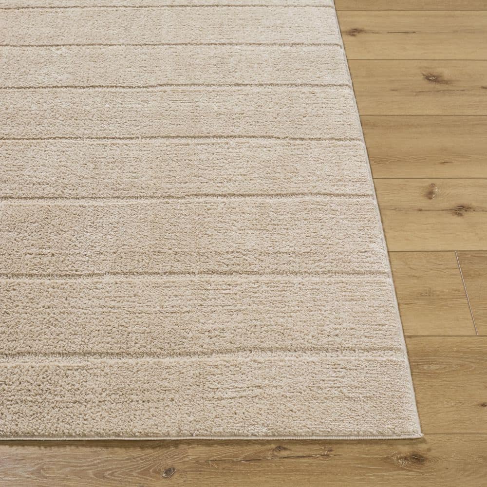 Taupe High Pile Striped Synthetic Area Rug