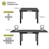 Diagram showing the dimensions of the dark gray aluminum dining table in both compact and extended states.