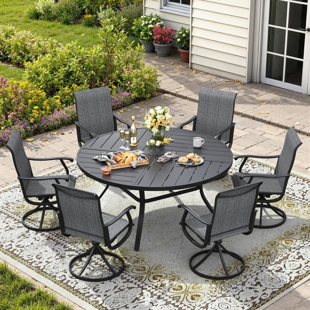 7-Piece Metal Outdoor Patio Dining Set with 50'' Black Round Dining Table and 6 Dark Grey Textilene Swivel Dining Chairs price history on PriceWatchPro