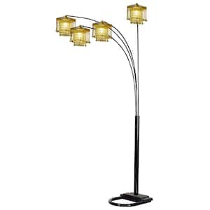 84 in. Black 4-Light Arc Floor Lamp with Clear Crystal Glass Chandelier Shade