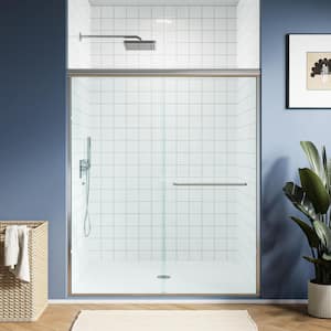 55 in. - 59 in. W x 70 in. H Double Sliding Semi-Frameless Shower Door in Brushed Nickel with Clear Glass