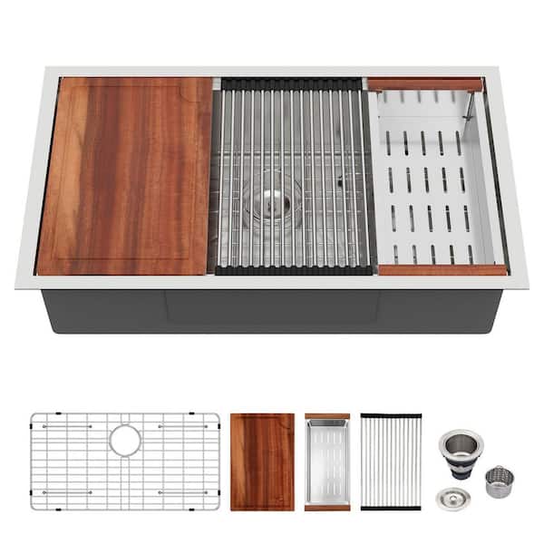 30 in. Undermount Single Bowl 16-Gauge Brushed Stainless Steel Workstation Kitchen Sink with Chef-Centric Accessories