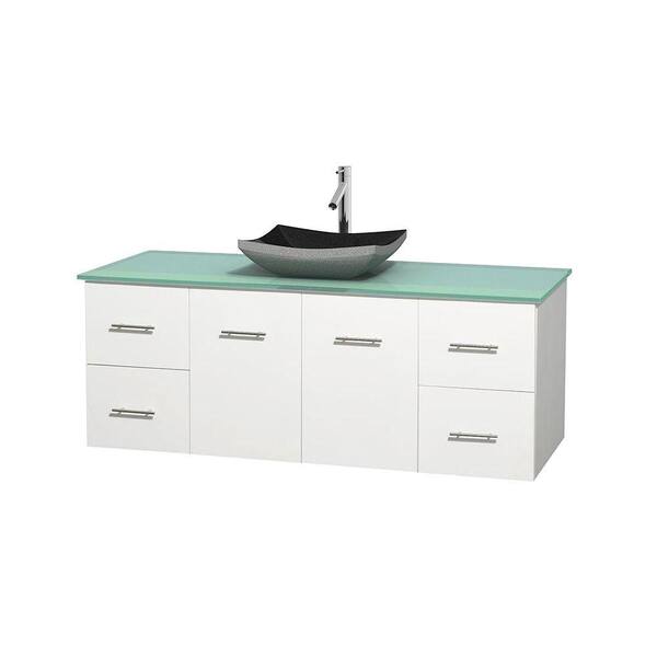 Wyndham Collection Centra 60 in. Vanity in White with Glass Vanity Top in Green and Black Granite Sink