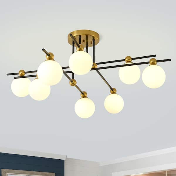 Modern 8-Light Gold and Black Sputnik linear Semi-Flush Mount Ceiling Light with Opal Glass Shades
