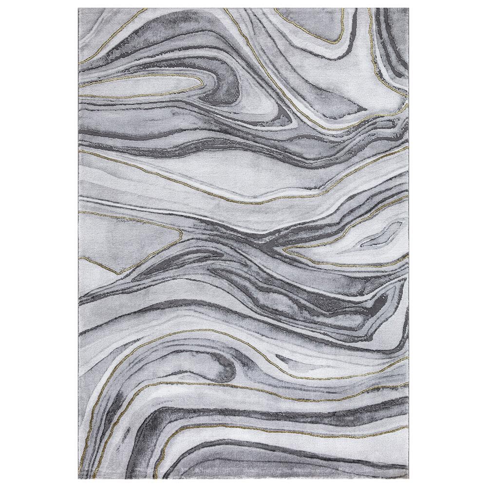 2 Pieces Gray&Gold Abstract Bath Mat Set Marble Texture Non-slip