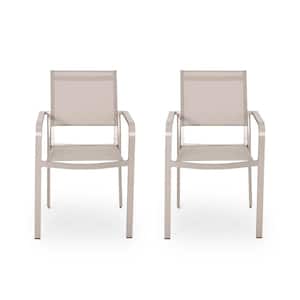 Cape Coral Silver Aluminum Outdoor Patio Dining Chair in Taupe (2-Pack)
