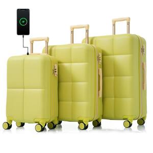 3-Piece Olive Yellow 20 in. x24 in. x 28 in. ABS Hardshell Spinner Expandable Luggage Set with USB Port Cup Holder Hooks