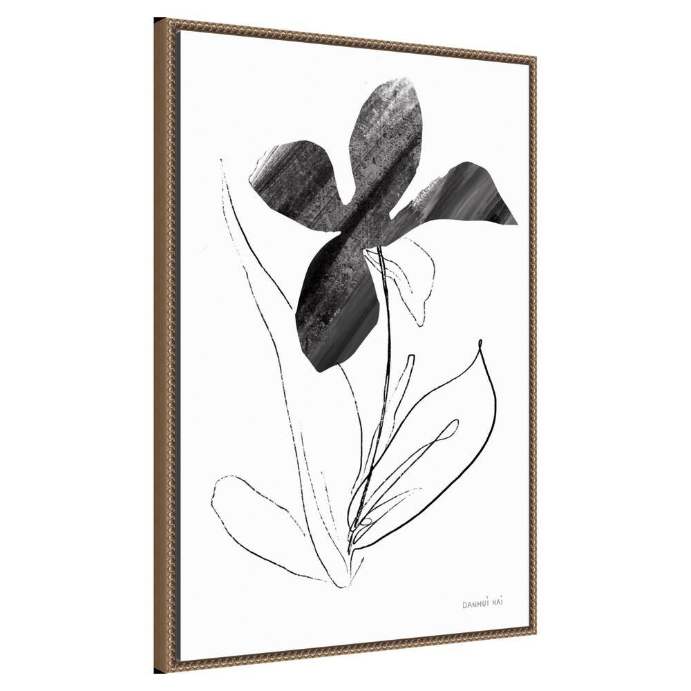Black and White Abstract Floral Canvas with Bronze Frame