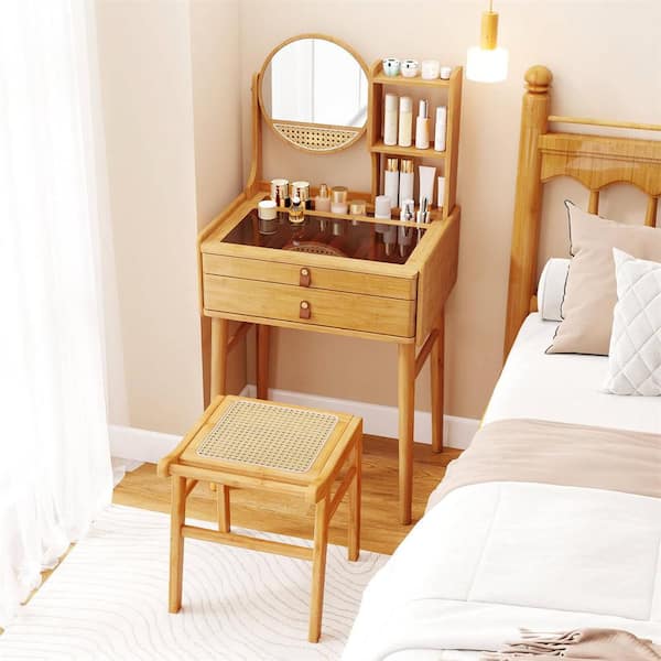 2-Piece Natural 23.5 in. Compact Makeup Vanity Set Table with 2-Drawers Open Storage Shelves Vanity Stool