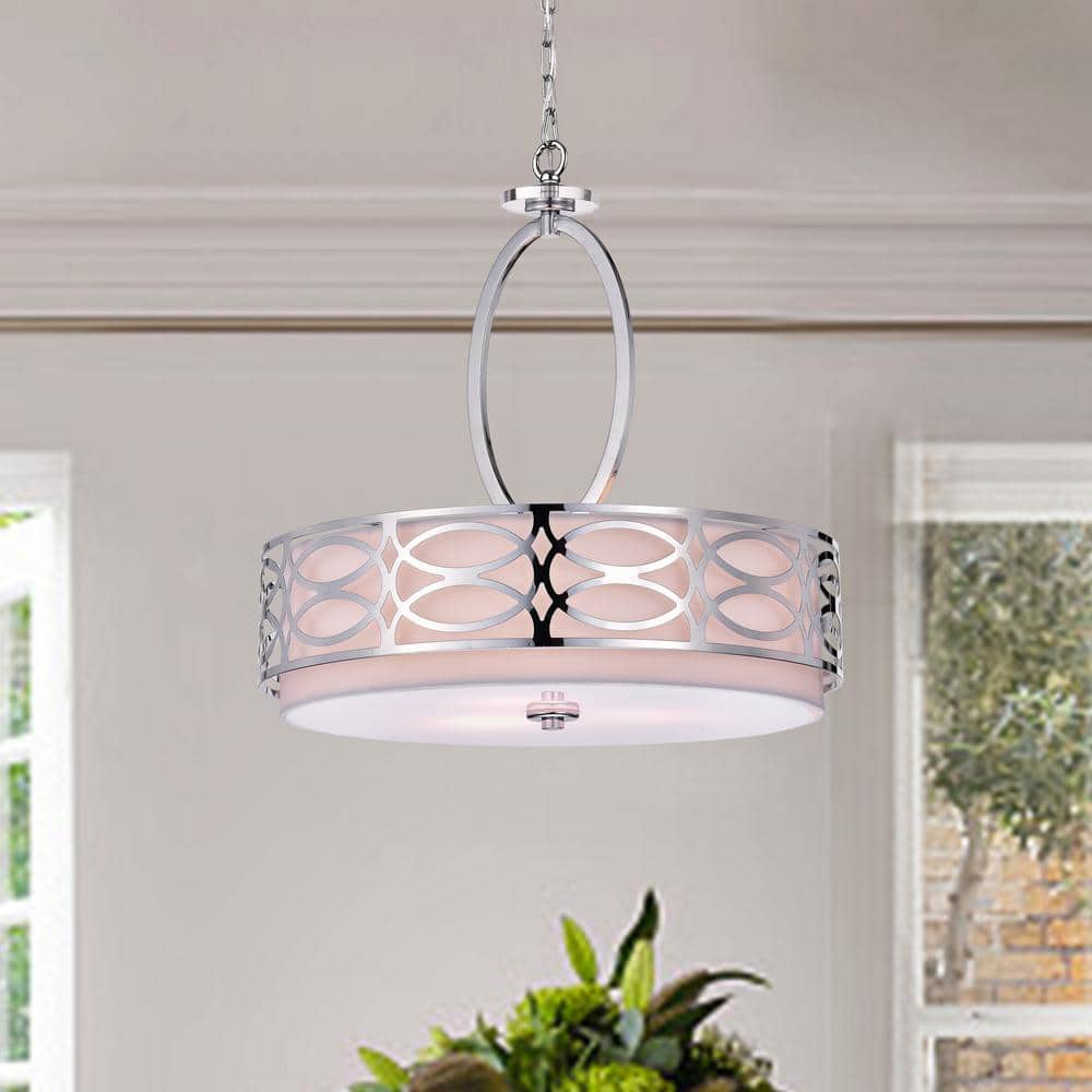Chrome 3-Light Drum Chandelier with Fabric Shade