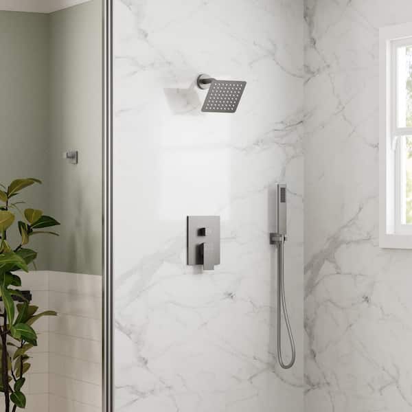 6 in. Wall Mount Square 1-Handle 2-Spray Dual Fixed and Handheld Shower Head 2.5 GPM in Brushed Nickel Valve Included