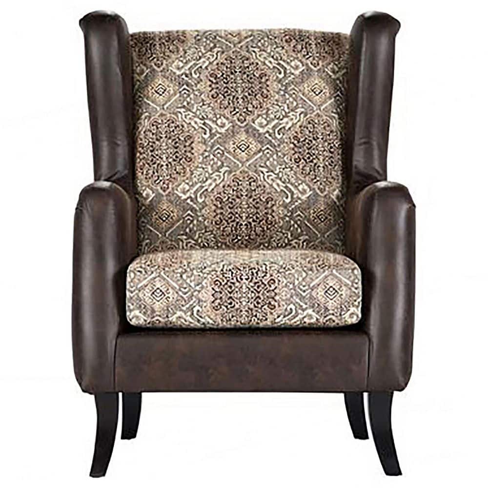 Brown Faux Leather Wingback Accent Chair with Jacquard Pattern