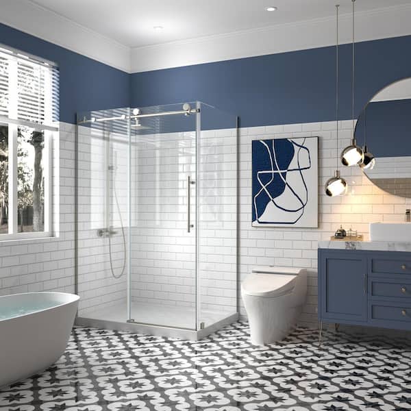 44-48 in. W x 32 in. D x 72 in. H Frameless Corner Sliding Shower Door Enclosure in Brushed Nickel 3/8 in. Clear Glass