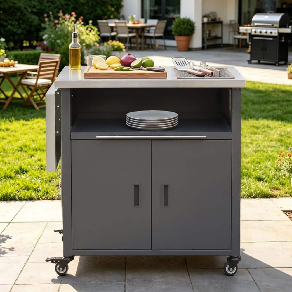 Foldable Outdoor Kitchen Island Grill Cart With Trash Rack, Stainless Steel Top And Storage Space For Backyard, Patio price history on PriceWatchPro