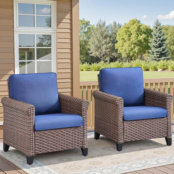 Buenaola Nyajiah Brown Wicker Outdoor Lounge Chair with Blue Cushions (2-Pack)