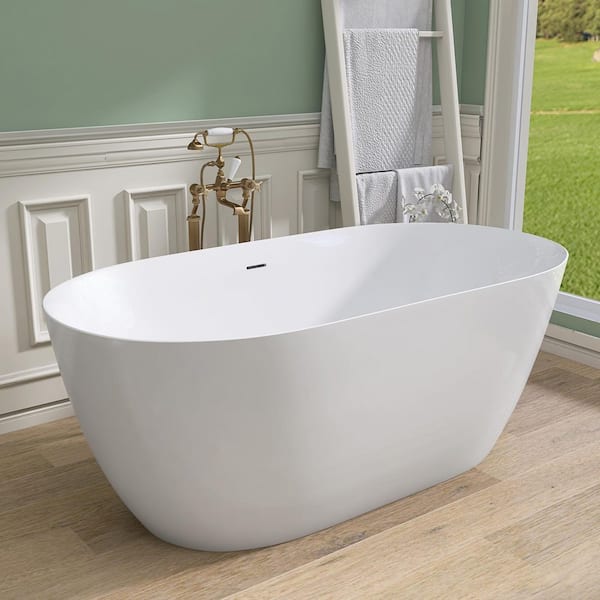 63 in. x 29.5 in. Freestanding Acrylic Soaking Tub Flat Bottom Stand Alone Bathtub in White with Center Chrome Drain