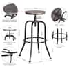 Diagram showing the dimensions and features of a walnut and black metal bar stool.