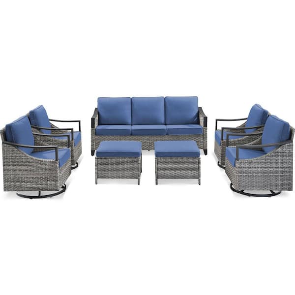 7-Piece Metal Wicker Patio Conversation Set with Swivel Glider, Outdoor Deep Seating Couch Set with Blue Cushions