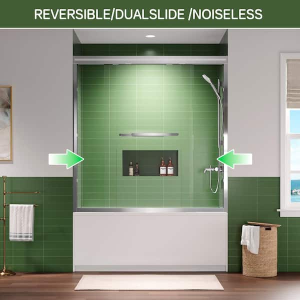 Reversible 56-60 in. W x 60 in. H Framed Double Sliding Tub Door in Chrome Finish with Clear Glass and Towel Bar