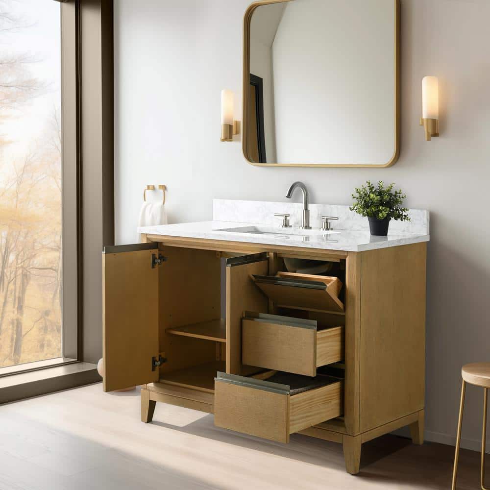 Natural Oak Single Sink Bathroom Vanity with Marble Top