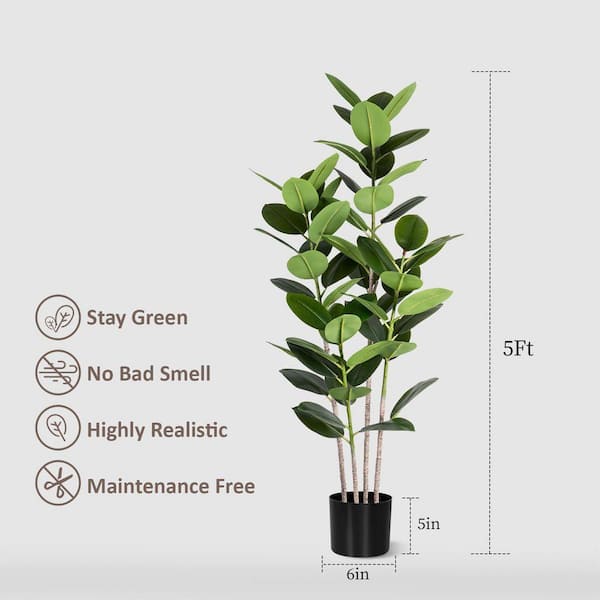 Unbranded 5 ft. Artificial Rubber Tree in Pot-Tall Faux Ficus Plant for  Home Decor WK0727
