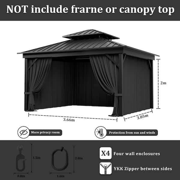 10 ft. x 12 ft. Universal Outdoor Privacy Curtains, Gazebo Curtain Replacement with Zipper Black (4-Side Curtain Only)