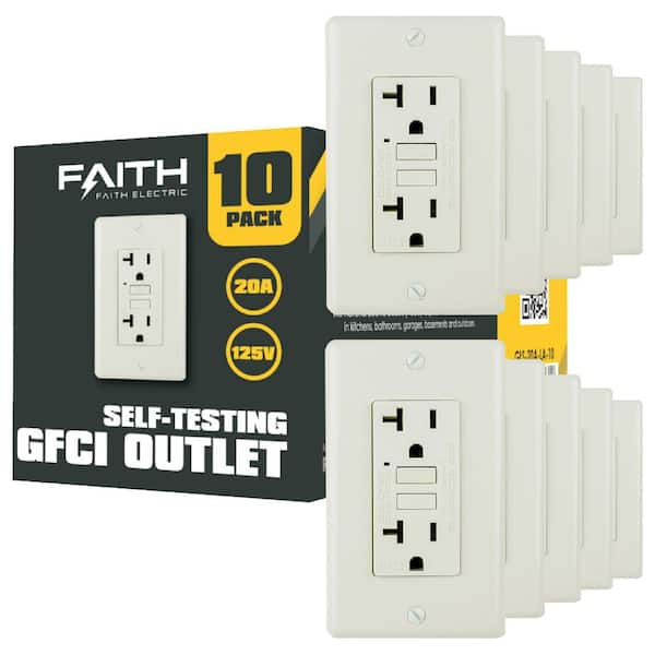 Faith 20 Amp 125-Volt GFCI Duplex Outlet Non-Tamper-Resistant GFI Receptacle with LED Indicator, Light Almond (10-Pack)