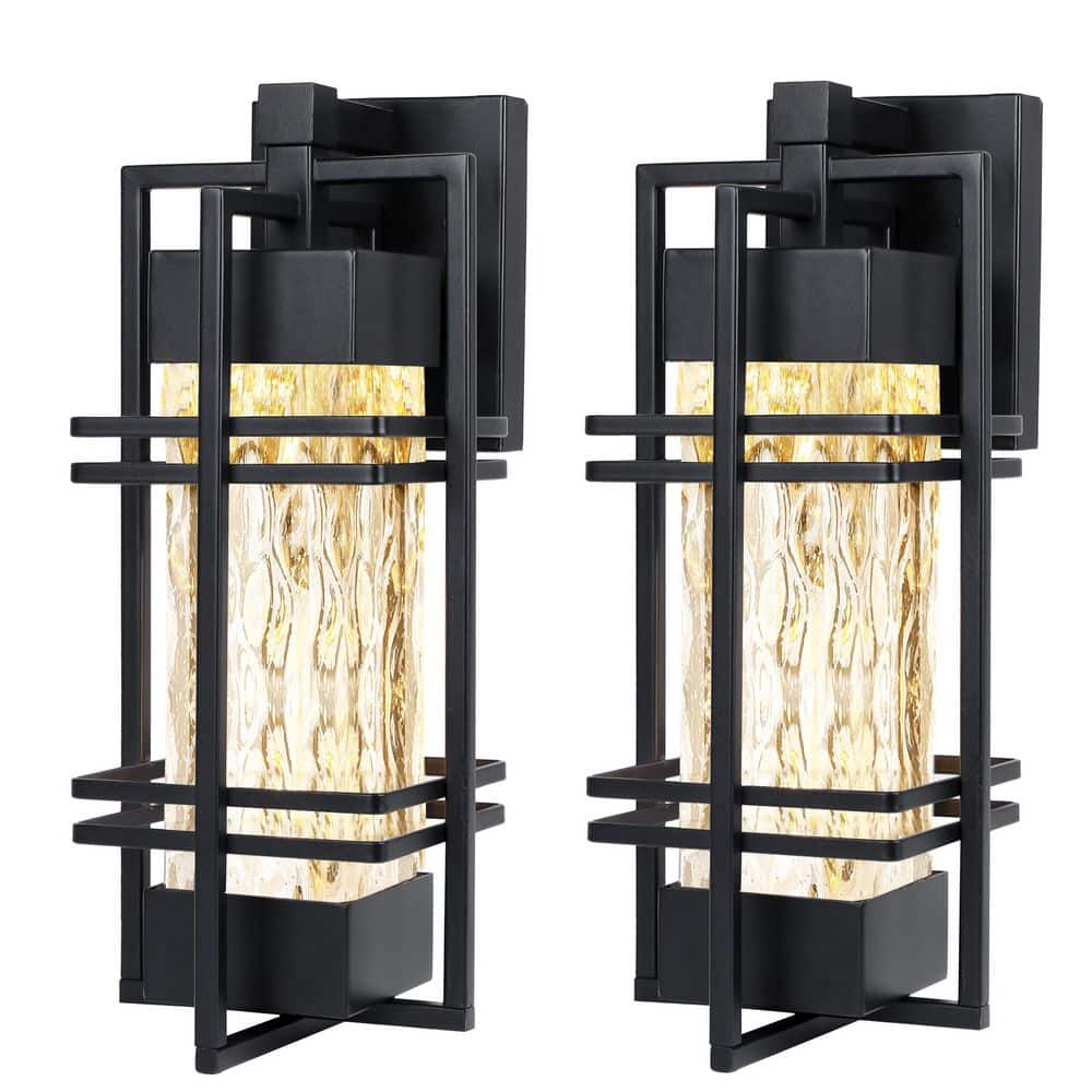 15 in. Black Outdoor Wall Lantern 2-Pack, Water Ripple Glass Weatherproof Sconce with Bulb for Porch Garage price history on PriceWatchPro