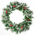 24 in. Pre-Lit Artificial Christmas Wreath Decorative Snow Flocked Wreath